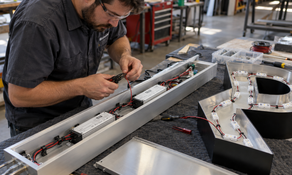 Electrician pre-wiring LED modules and power supplies inside a sign raceway.