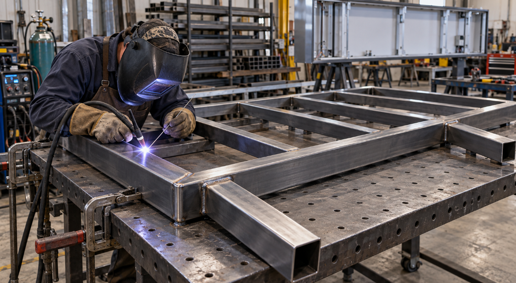 Fabricator working with large architectural metal sheets in a modern sign shop.