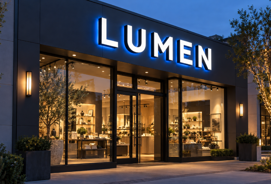 LUMEN storefront at dusk with channel letters featuring illuminated white faces and blue halos on the wall behind them.