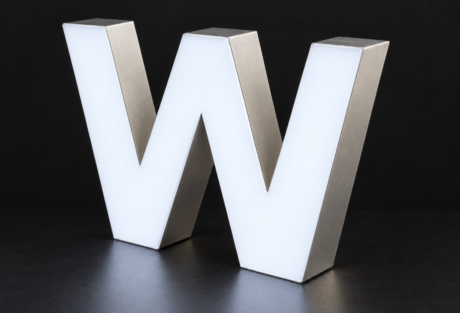 Front-lit W channel letter with a glowing white acrylic face and brushed aluminum sides on a dark tabletop.