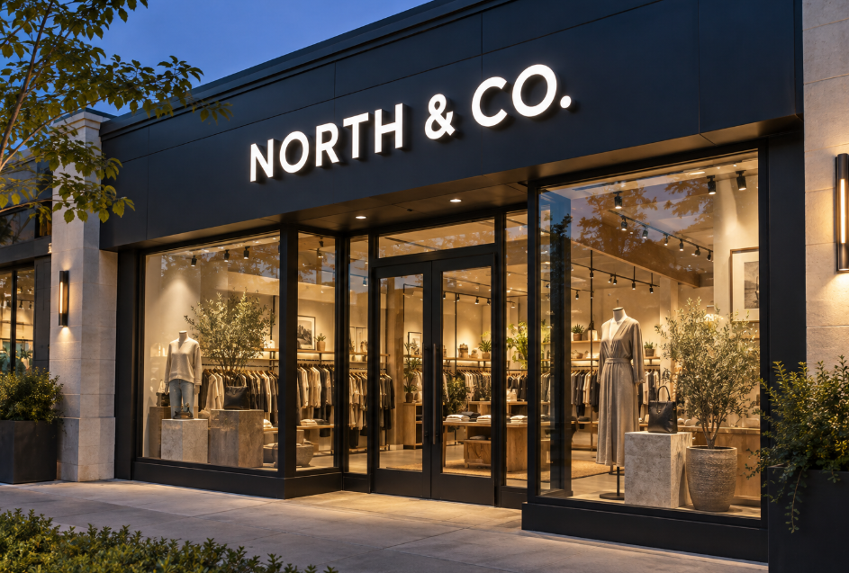 NORTH & CO. storefront at dusk with white front-lit channel letters above glass windows and clothing displays.