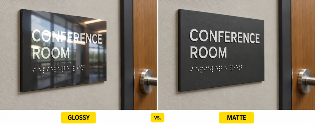 Sunlight creating heavy glare on a polished interior wall surface. vs
Matter non reflective ada room sign comparasion