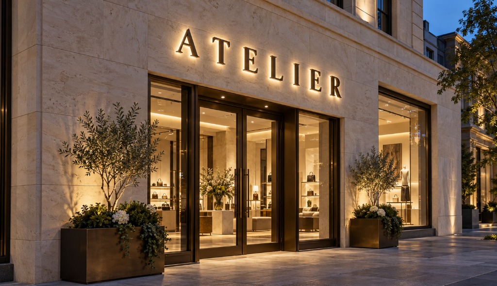 Bronze halo-lit letters spelling ATELIER on a limestone wall above a luxury boutique entrance at dusk.
