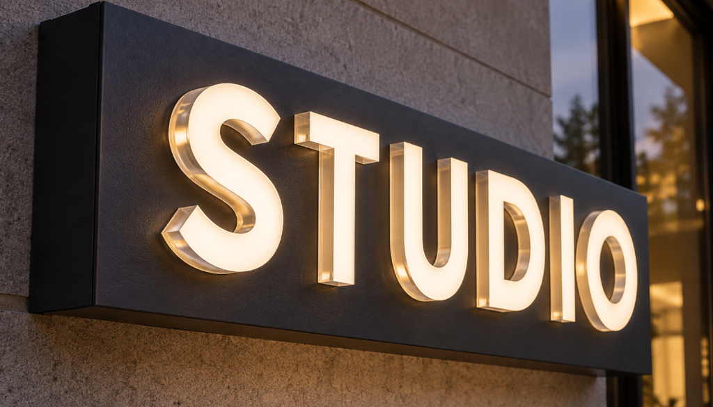 Illuminated acrylic letters spelling STUDIO project through a charcoal metal sign face, with glowing faces and translucent edges.