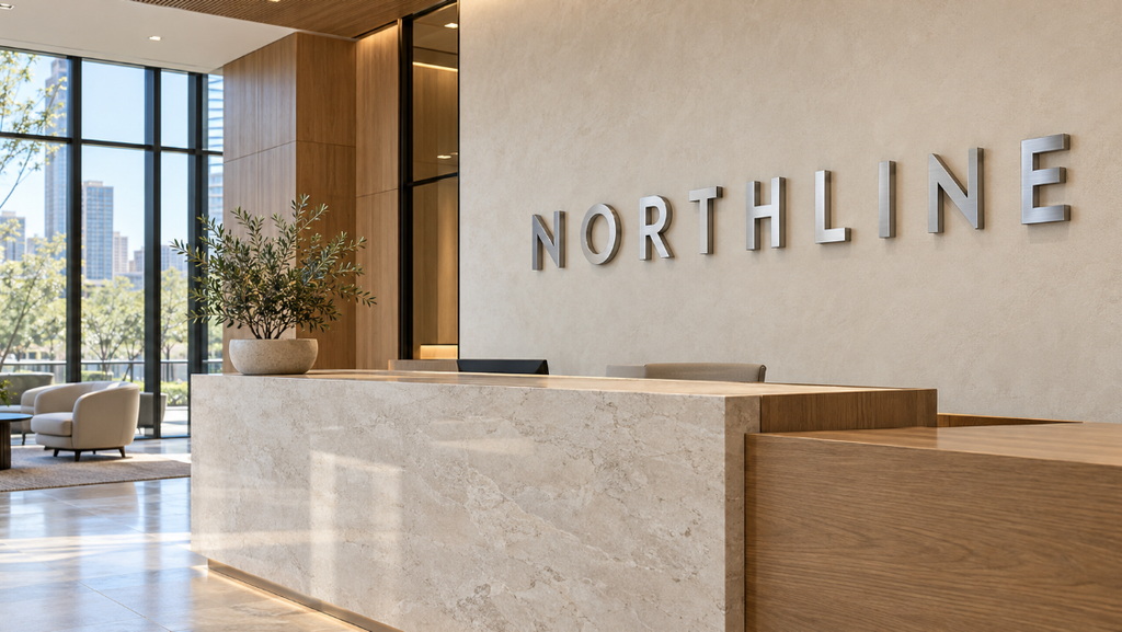 Brushed-metal dimensional letters spelling NORTHLINE mounted on a beige wall above a stone reception desk in a modern lobby.