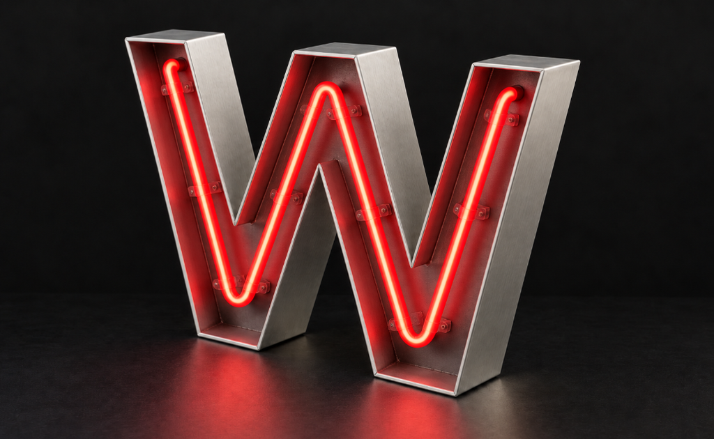 Open-face W channel letter with brushed aluminum sides and exposed red LED neon tubing on a dark background.