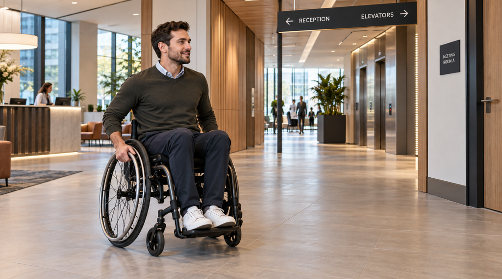 A person in a wheelchair confidently navigating a well-designed modern commercial building.